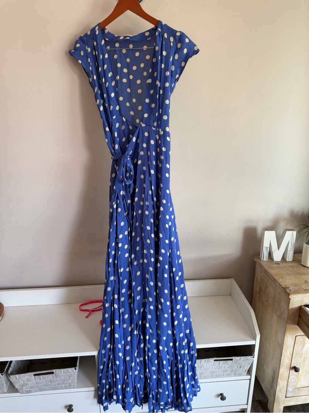 Tularosa Blue White Polka Dot Wrap Maxi Dress Cap Sleeve V-Neck Bohr Small
